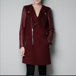 ZARA Maroon Coat with Faux Leather Sleeves